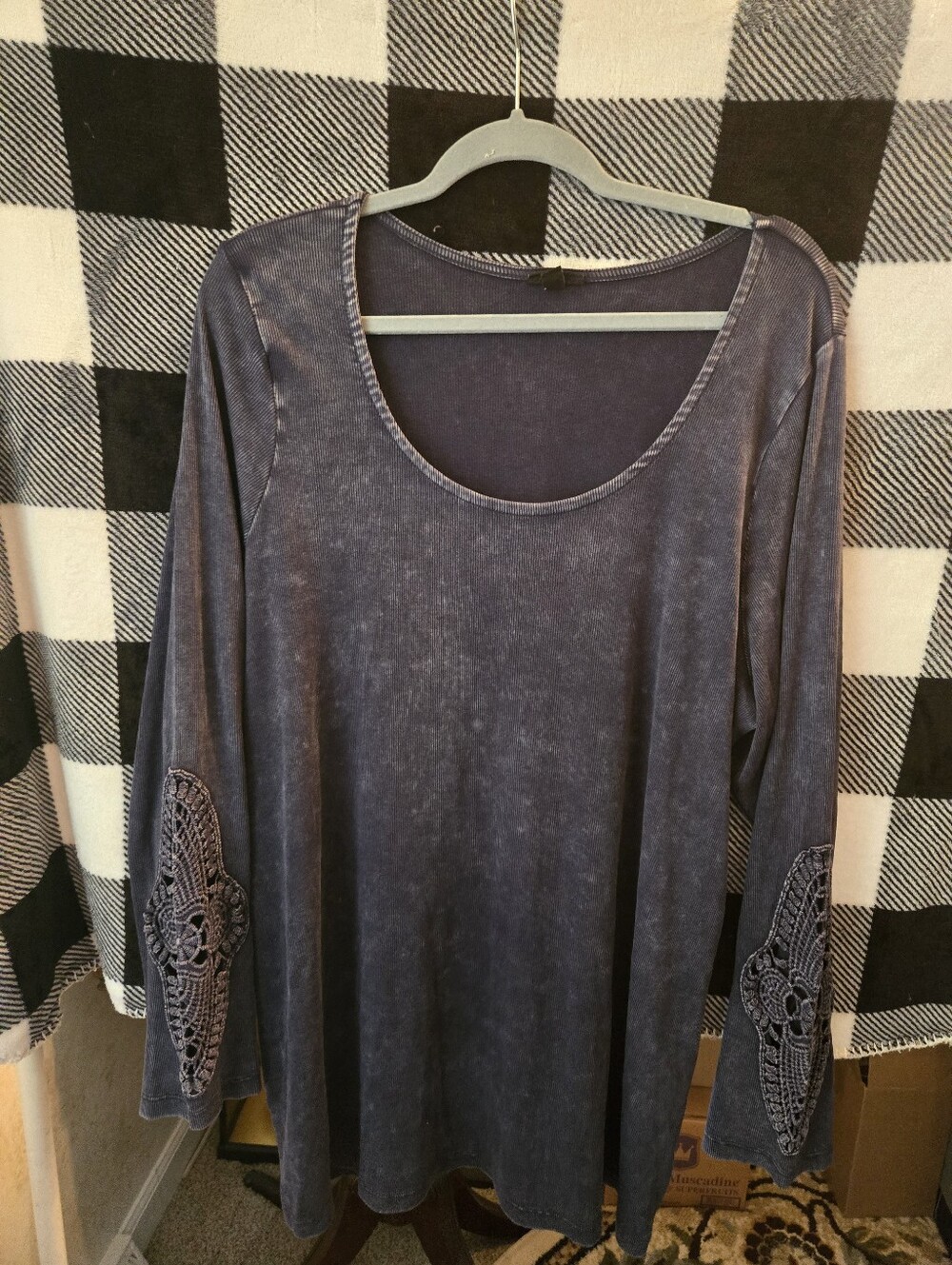 torrid Washed Navy Scoop Neck Long Sleeve Top with Crochet Elbow Detail